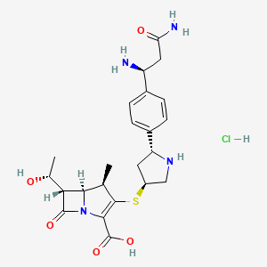 molecular formula C23H31ClN4O5S B1238276 (4R,5S,6S)-3-[(3S,5R)-5-[4-[(1S)-1,3-diamino-3-oxopropyl]phenyl]pyrrolidin-3-yl]sulfanyl-6-[(1R)-1-hydroxyethyl]-4-methyl-7-oxo-1-azabicyclo[3.2.0]hept-2-ene-2-carboxylic acid;hydrochloride 
