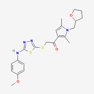 molecular formula C22H26N4O3S2 B1238722 1-[2,5-二甲基-1-(2-氧代环氧乙烷甲基)-3-吡咯基]-2-[[5-(4-甲氧基苯胺基)-1,3,4-噻二唑-2-基]硫代]乙酮 
