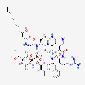 molecular formula C53H85ClN14O17 B1238915 2-[(3S,6R,9Z,12R,15S,18S,21R,24S,27S)-18,21-bis(2-aminoethyl)-12-benzyl-3-[(1S)-2-chloro-1-hydroxy-ethyl]-15-(3-guanidinopropyl)-24-(hydroxymethyl)-27-(3-hydroxyundecanoylamino)-2,5,8,11,14,17,20,23,26-nonaoxo-9-propylidene-1-oxa-4,7,10,13,16,19,22,25-octazacyclooctacos-6-yl]-2-hydroxy-acetic acid 