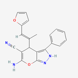 molecular formula C20H16N4O2 B1239671 6-AMINO-4-[(1E)-1-(FURAN-2-YL)PROP-1-EN-2-YL]-3-PHENYL-1H,4H-PYRANO[2,3-C]PYRAZOLE-5-CARBONITRILE 