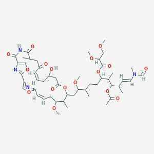 molecular formula C50H72N4O17 B1240120 Propanoic acid, 2,3-dimethoxy-, 3-(acetyloxy)-6-(formylmethylamino)-1-(5-(15-hydroxy-21-methoxy-9,20-dimethyl-6,8,11,17-tetraoxo-3,18,26-trioxa-7,28,29-triazatricyclo(23.2.1.12,5)nonacosa-1(27),2(29),4,12,23,25(28)-hexaen-19-yl)-4-methoxy-3-methylpentyl)-2,4-dimethyl-5-hexenyl ester CAS No. 168301-18-6