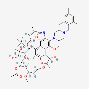 molecular formula C57H77N3O12 B1240374 N,15-Didehydro-11,15-dideoxo-1-deoxy-1,15-epoxy-11-hydroxy-4-O-methyl-3-(4-((2,4,6-trimethylphenyl)methyl)-1-piperazinyl)rifamycin 8-(2,2-dimethylpropanoate) CAS No. 136583-72-7