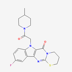 molecular formula C21H23FN4O2S B1240599 13-fluoro-17-[2-(4-methylpiperidin-1-yl)-2-oxoethyl]-7-thia-3,9,17-triazatetracyclo[8.7.0.03,8.011,16]heptadeca-1(10),8,11(16),12,14-pentaen-2-one 