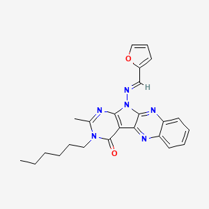 molecular formula C24H24N6O2 B1240841 11-{[(E)-furan-2-ylmethylidene]amino}-3-hexyl-2-methyl-3,11-dihydro-4H-pyrimido[5',4':4,5]pyrrolo[2,3-b]quinoxalin-4-one 