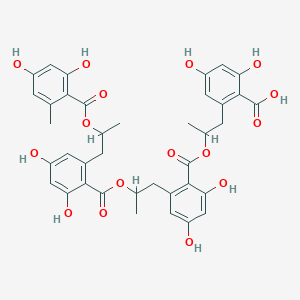 molecular formula C38H38O16 B1240843 2-{2-[(2-{2-[(2-{2-[(2,4-Dihydroxy-6-methylbenzoyl)oxy]propyl}-4,6-dihydroxybenzoyl)oxy]propyl}-4,6-dihydroxybenzoyl)oxy]propyl}-4,6-dihydroxybenzoic acid 