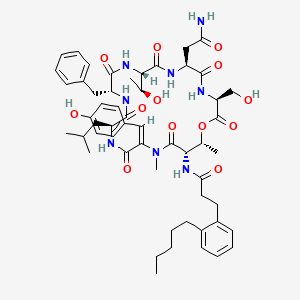 molecular formula C54H72N8O13 B1240948 N-[(3S,6S,9S,12R,15S,18E,21S,22R)-6-(2-amino-2-oxoethyl)-12-benzyl-9-[(1S)-1-hydroxyethyl]-3-(hydroxymethyl)-18-[(4-hydroxyphenyl)methylidene]-19,22-dimethyl-15-(2-methylpropyl)-2,5,8,11,14,17,20-heptaoxo-1-oxa-4,7,10,13,16,19-hexazacyclodocos-21-yl]-3-(2-pentylphenyl)propanamide 