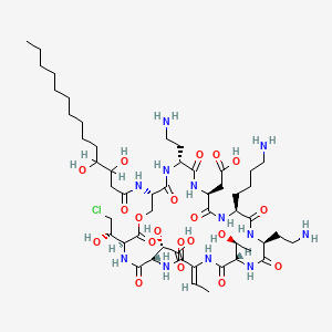 (2S)-2-[(3S,6S,9Z,12S,15S,18S,21S,24R,27S)-18-(4-aminobutyl)-15,24-bis(2-aminoethyl)-21-(carboxymethyl)-3-[(1S)-2-chloro-1-hydroxyethyl]-27-(3,4-dihydroxytetradecanoylamino)-9-ethylidene-12-[(1S)-1-hydroxyethyl]-2,5,8,11,14,17,20,23,26-nonaoxo-1-oxa-4,7,10,13,16,19,22,25-octazacyclooctacos-6-yl]-2-hydroxyacetic acid