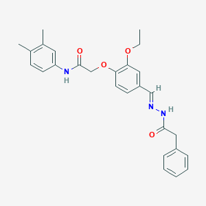 molecular formula C27H29N3O4 B1241677 N-(3,4-dimethylphenyl)-2-(2-ethoxy-4-{(E)-[2-(phenylacetyl)hydrazinylidene]methyl}phenoxy)acetamide 