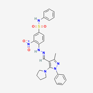molecular formula C27H27N7O4S B1241822 4-[(2E)-2-[(3-methyl-1-phenyl-5-pyrrolidin-1-ylpyrazol-4-yl)methylidene]hydrazinyl]-3-nitro-N-phenylbenzenesulfonamide 