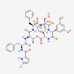 molecular formula C46H46ClN7O13 B1241957 N-[(2S)-1-[[(3S,6R,9R,12S,15R,16R)-12-benzyl-3,6-bis(3,5-dihydroxyphenyl)-9-(hydroxymethyl)-16-methyl-2,5,8,11,14-pentaoxo-1-oxa-4,7,10,13-tetrazacyclohexadec-15-yl]amino]-1-oxo-3-phenylpropan-2-yl]-5-chloro-1H-pyrrole-2-carboxamide 