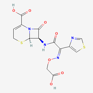 molecular formula C14H12N4O7S2 B1242055 7-(2-(4-Thiazolyl)-2-(carboxymethoxyimino)acetamido)-8-oxo-5-thia-1-azabicyclo(4,2,0)oct-2-ene-2-carboxylic acid CAS No. 86070-74-8