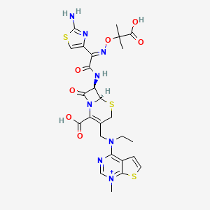 molecular formula C26H29N8O7S3+ B1242162 (6R,7R)-7-[[(2E)-2-(2-amino-1,3-thiazol-4-yl)-2-(2-carboxypropan-2-yloxyimino)acetyl]amino]-3-[[ethyl-(1-methylthieno[2,3-d]pyrimidin-1-ium-4-yl)amino]methyl]-8-oxo-5-thia-1-azabicyclo[4.2.0]oct-2-ene-2-carboxylic acid 