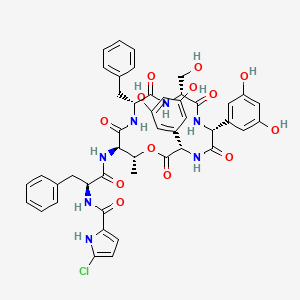 molecular formula C46H46ClN7O13 B1242214 N-[(2S)-1-[[(3S,6R,9R,12R,15R,16R)-12-benzyl-3,6-bis(3,5-dihydroxyphenyl)-9-(hydroxymethyl)-16-methyl-2,5,8,11,14-pentaoxo-1-oxa-4,7,10,13-tetrazacyclohexadec-15-yl]amino]-1-oxo-3-phenylpropan-2-yl]-5-chloro-1H-pyrrole-2-carboxamide 