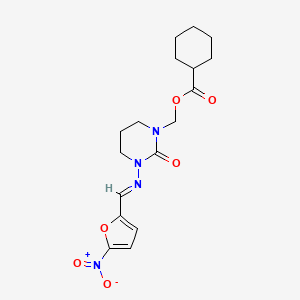 molecular formula C17H22N4O6 B1242372 Cyclohexanecarboxylic acid, (tetrahydro-3-(((5-nitro-2-furanyl)methylene)amino)-2-oxo-1(2H)-pyrimidinyl)methyl ester CAS No. 92950-22-6