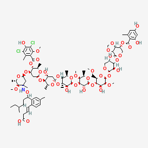 molecular formula C88H123Cl2NO39 B1242394 (E)-4-[2-[1-[[(2S,3R,4S,6S)-6-[(2R,3R,4R,6S)-6-[(2R,2'R,3'S,3aR,4R,4'R,6S,7S,7aR)-6-[(2S,3R,4R,5S,6R)-2-[(2R,3S,4S,5S,6S)-6-[(3aR,3'aS,4R,6'S,7R,7'R,7aS,7'aS)-7-(2,4-dihydroxy-6-methylbenzoyl)oxy-7'-hydroxyspiro[3a,6,7,7a-tetrahydro-[1,3]dioxolo[4,5-c]pyran-4,2'-4,6,7,7a-tetrahydro-3aH-[1,3]dioxolo[4,5-c]pyran]-6'-yl]oxy-4-hydroxy-5-methoxy-2-(methoxymethyl)oxan-3-yl]oxy-3-hydroxy-5-methoxy-6-methyloxan-4-yl]oxy-4',7-dihydroxy-2',4,7a-trimethylspiro[3a,4,6,7-tetrahydro-[1,3]dioxolo[4,5-c]pyran-2,6'-oxane]-3'-yl]oxy-3-(3,5-dichloro-4-hydroxy-2-methoxy-6-methylbenzoyl)oxy-2-methyloxan-4-yl]oxy-3-methoxy-2,4-dimethyloxan-4-yl]amino]oxy-4-methylhexyl]-4-methylphenyl]but-3-enoic acid 