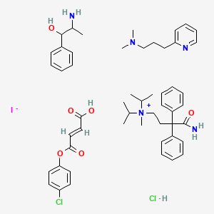 molecular formula C52H70Cl2IN5O6 B1242680 (4-Amino-4-oxo-3,3-diphenylbutyl)-methyl-di(propan-2-yl)azanium;2-amino-1-phenylpropan-1-ol;(E)-4-(4-chlorophenoxy)-4-oxobut-2-enoic acid;N,N-dimethyl-3-pyridin-2-ylpropan-1-amine;iodide;hydrochloride CAS No. 50808-49-6