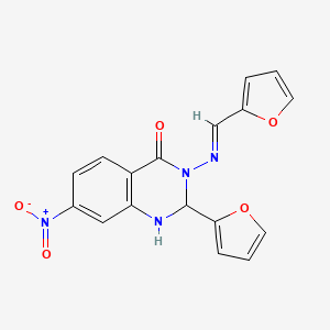 molecular formula C17H12N4O5 B1242914 2-(2-furyl)-3-{[(1E)-2-furylmethylene]amino}-7-nitro-2,3-dihydroquinazolin-4(1H)-one 