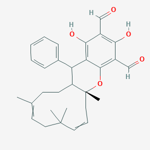 molecular formula C30H34O5 B12440949 rel-(5aR,7E,11E,14aS,15S)-5a,6,9,10,13,14,14a,15-Octahydro-1,3-dihydroxy-5a,9,9,12-tetramethyl-15-phenylbenzo[b]cycloundeca[e]pyran-2,4-dicarboxaldehyde 