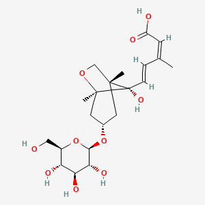 molecular formula C21H32O10 B1244132 (2Z,4E)-5-[(1R,3S,5R,8S)-8-hydroxy-1,5-dimethyl-3-[(2R,3R,4S,5S,6R)-3,4,5-trihydroxy-6-(hydroxymethyl)oxan-2-yl]oxy-6-oxabicyclo[3.2.1]octan-8-yl]-3-methylpenta-2,4-dienoic acid 