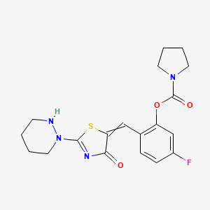 molecular formula C19H21FN4O3S B12444443 2-{[(5Z)-2-(1,2-diazinan-1-yl)-4-oxo-1,3-thiazol-5-ylidene]methyl}-5-fluorophenyl pyrrolidine-1-carboxylate 
