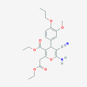 molecular formula C23H28N2O7 B12444885 ethyl 6-amino-5-cyano-2-(2-ethoxy-2-oxoethyl)-4-(3-methoxy-4-propoxyphenyl)-4H-pyran-3-carboxylate 