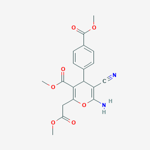 molecular formula C19H18N2O7 B12446371 methyl 6-amino-5-cyano-4-[4-(methoxycarbonyl)phenyl]-2-(2-methoxy-2-oxoethyl)-4H-pyran-3-carboxylate 