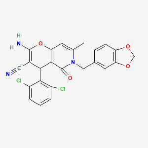 molecular formula C24H17Cl2N3O4 B12447772 2-amino-6-(1,3-benzodioxol-5-ylmethyl)-4-(2,6-dichlorophenyl)-7-methyl-5-oxo-5,6-dihydro-4H-pyrano[3,2-c]pyridine-3-carbonitrile 