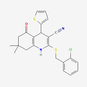 molecular formula C23H21ClN2OS2 B12448473 2-[(2-Chlorobenzyl)sulfanyl]-7,7-dimethyl-5-oxo-4-(thiophen-2-yl)-1,4,5,6,7,8-hexahydroquinoline-3-carbonitrile 