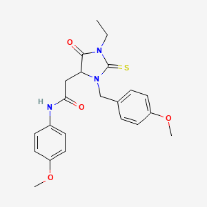 molecular formula C22H25N3O4S B12448805 2-[1-ethyl-3-(4-methoxybenzyl)-5-oxo-2-thioxoimidazolidin-4-yl]-N-(4-methoxyphenyl)acetamide 