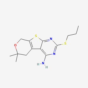 molecular formula C14H19N3OS2 B12451284 12,12-dimethyl-5-propylsulfanyl-11-oxa-8-thia-4,6-diazatricyclo[7.4.0.02,7]trideca-1(9),2,4,6-tetraen-3-amine 