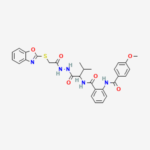molecular formula C29H29N5O6S B12452221 N-(1-{2-[(1,3-benzoxazol-2-ylsulfanyl)acetyl]hydrazinyl}-3-methyl-1-oxobutan-2-yl)-2-{[(4-methoxyphenyl)carbonyl]amino}benzamide (non-preferred name) 
