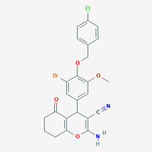 molecular formula C24H20BrClN2O4 B12453790 2-amino-4-{3-bromo-4-[(4-chlorobenzyl)oxy]-5-methoxyphenyl}-5-oxo-5,6,7,8-tetrahydro-4H-chromene-3-carbonitrile 