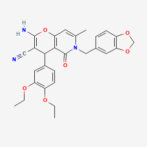 molecular formula C28H27N3O6 B12454564 2-amino-6-(1,3-benzodioxol-5-ylmethyl)-4-(3,4-diethoxyphenyl)-7-methyl-5-oxo-5,6-dihydro-4H-pyrano[3,2-c]pyridine-3-carbonitrile 