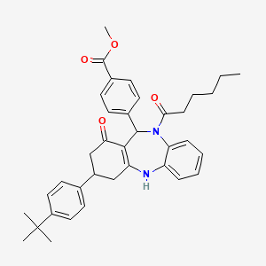 molecular formula C37H42N2O4 B12454702 methyl 4-[3-(4-tert-butylphenyl)-10-hexanoyl-1-hydroxy-3,4,10,11-tetrahydro-2H-dibenzo[b,e][1,4]diazepin-11-yl]benzoate 