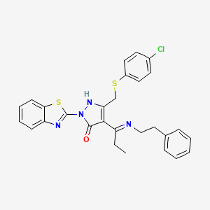 molecular formula C28H25ClN4OS2 B12454881 (4E)-2-(1,3-benzothiazol-2-yl)-5-{[(4-chlorophenyl)sulfanyl]methyl}-4-{1-[(2-phenylethyl)amino]propylidene}-2,4-dihydro-3H-pyrazol-3-one 