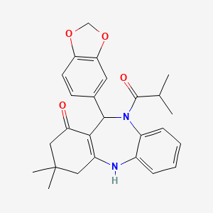molecular formula C26H28N2O4 B12455148 11-(1,3-benzodioxol-5-yl)-3,3-dimethyl-10-(2-methylpropanoyl)-2,3,4,5,10,11-hexahydro-1H-dibenzo[b,e][1,4]diazepin-1-one 