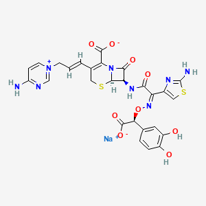 molecular formula C27H23N8NaO9S2 B1245748 sodium;(6R,7R)-3-[(E)-3-(4-aminopyrimidin-1-ium-1-yl)prop-1-enyl]-7-[[(2Z)-2-(2-amino-1,3-thiazol-4-yl)-2-[(S)-carboxylato-(3,4-dihydroxyphenyl)methoxy]iminoacetyl]amino]-8-oxo-5-thia-1-azabicyclo[4.2.0]oct-2-ene-2-carboxylate 