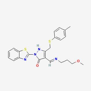 molecular formula C23H24N4O2S2 B12457791 (4E)-2-(1,3-benzothiazol-2-yl)-4-{[(3-methoxypropyl)amino]methylidene}-5-{[(4-methylphenyl)sulfanyl]methyl}-2,4-dihydro-3H-pyrazol-3-one 