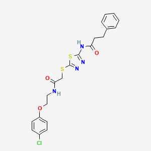 molecular formula C21H21ClN4O3S2 B12457910 N-{5-[(2-{[2-(4-chlorophenoxy)ethyl]amino}-2-oxoethyl)sulfanyl]-1,3,4-thiadiazol-2-yl}-3-phenylpropanamide 