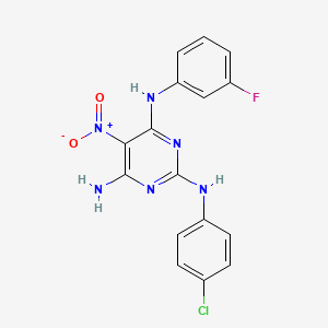 molecular formula C16H12ClFN6O2 B12458674 N~2~-(4-chlorophenyl)-N~4~-(3-fluorophenyl)-5-nitropyrimidine-2,4,6-triamine 