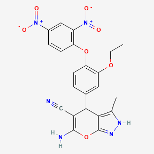 molecular formula C22H18N6O7 B12459143 6-Amino-4-[4-(2,4-dinitrophenoxy)-3-ethoxyphenyl]-3-methyl-1,4-dihydropyrano[2,3-c]pyrazole-5-carbonitrile 