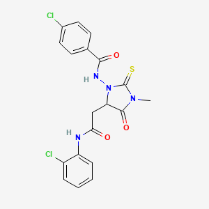 molecular formula C19H16Cl2N4O3S B12459161 4-chloro-N-(5-{2-[(2-chlorophenyl)amino]-2-oxoethyl}-3-methyl-4-oxo-2-thioxoimidazolidin-1-yl)benzamide 