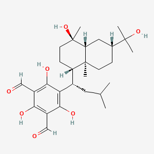 molecular formula C28H42O7 B1245939 1,3-Benzenedicarboxaldehyde, 5-[(1S)-1-[(1S,4R,4aR,6R,8aS)-decahydro-4-hydroxy-6-(1-hydroxy-1-methylethyl)-4,8a-dimethyl-1-naphthalenyl]-3-methylbutyl]-2,4,6-trihydroxy- 