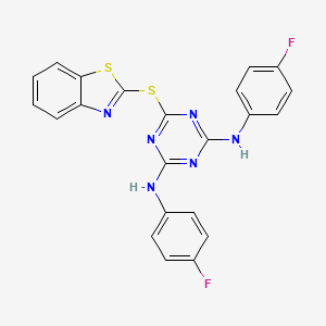 molecular formula C22H14F2N6S2 B12459553 6-(1,3-benzothiazol-2-ylsulfanyl)-N,N'-bis(4-fluorophenyl)-1,3,5-triazine-2,4-diamine CAS No. 371128-43-7