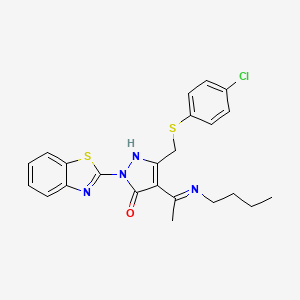 molecular formula C23H23ClN4OS2 B12459634 (4E)-2-(1,3-benzothiazol-2-yl)-4-[1-(butylamino)ethylidene]-5-{[(4-chlorophenyl)sulfanyl]methyl}-2,4-dihydro-3H-pyrazol-3-one 