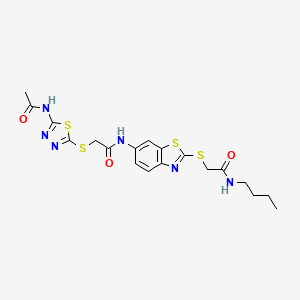molecular formula C19H22N6O3S4 B12459647 2-{[5-(acetylamino)-1,3,4-thiadiazol-2-yl]sulfanyl}-N-(2-{[2-(butylamino)-2-oxoethyl]sulfanyl}-1,3-benzothiazol-6-yl)acetamide 