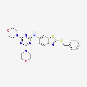 molecular formula C25H27N7O2S2 B12459756 2-(benzylsulfanyl)-N-[4,6-di(morpholin-4-yl)-1,3,5-triazin-2-yl]-1,3-benzothiazol-6-amine 