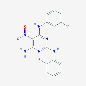 molecular formula C16H12F2N6O2 B12460029 N~2~-(2-fluorophenyl)-N~4~-(3-fluorophenyl)-5-nitropyrimidine-2,4,6-triamine 