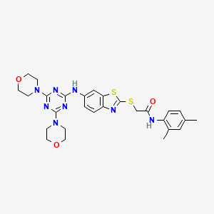 molecular formula C28H32N8O3S2 B12460131 N-(2,4-dimethylphenyl)-2-[(6-{[4,6-di(morpholin-4-yl)-1,3,5-triazin-2-yl]amino}-1,3-benzothiazol-2-yl)sulfanyl]acetamide 