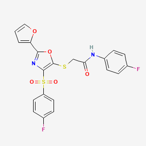 molecular formula C21H14F2N2O5S2 B12460473 N-(4-fluorophenyl)-2-({4-[(4-fluorophenyl)sulfonyl]-2-(furan-2-yl)-1,3-oxazol-5-yl}sulfanyl)acetamide 